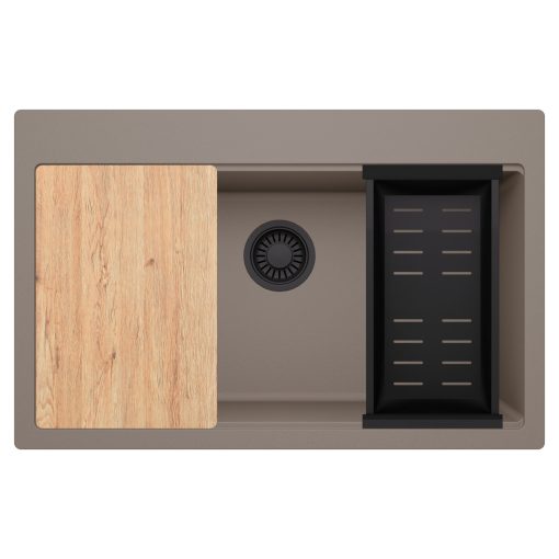 HD Infinity Tortora 78 egymedencés gránit mosogatótálca szett, vágódeszkával, matt fekete csepegtetőkosárral, tortora színben, matt fekete leeresztő szifonnal