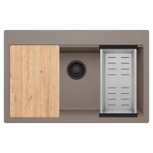 HD Infinity Tortora 78 egymedencés gránit mosogatótálca szett, vágódeszkával, acél csepegtetőkosárral, tortora színben, matt fekete leeresztő szifonnal
