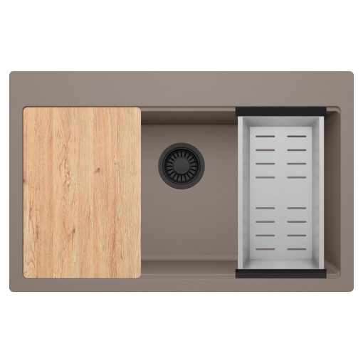 HD Infinity Tortora 78 egymedencés gránit mosogatótálca szett, vágódeszkával, acél csepegtetőkosárral, tortora színben, matt fekete leeresztő szifonnal