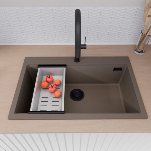 HD Infinity Tortora 78 egymedencés gránit mosogatótálca szett, vágódeszkával, acél csepegtetőkosárral, tortora színben, matt fekete leeresztő szifonnal
