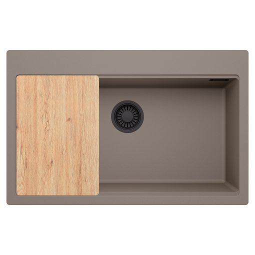 HD Infinity Tortora 78 egymedencés gránit mosogatótálca, vágódeszkával, tortora színben, matt fekete leeresztő szifonnal