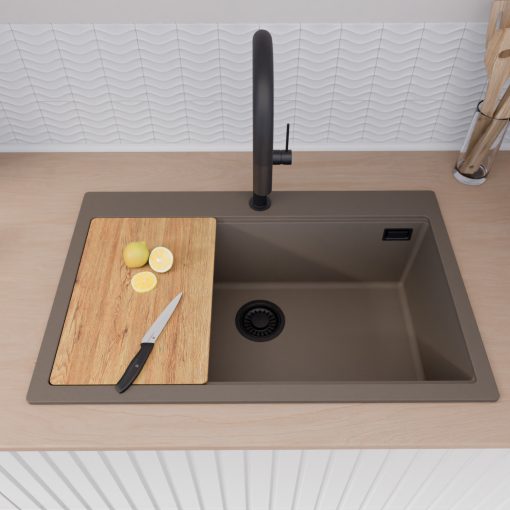 HD Infinity Tortora 78 egymedencés gránit mosogatótálca, vágódeszkával, tortora színben, matt fekete leeresztő szifonnal