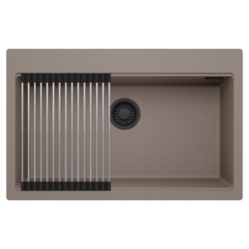 HD Infinity Tortora 78 egymedencés gránit mosogatótálca szett, acél csepegtetőráccsal, tortora színben, matt fekete leeresztő szifonnal