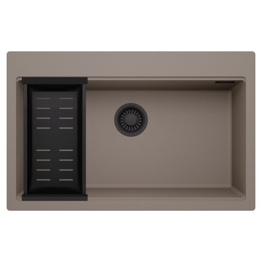 HD Infinity Tortora 78 egymedencés gránit mosogatótálca szett, matt fekete csepegtetőkosárral, tortora színben, matt fekete leeresztő szifonnal