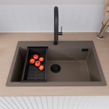HD Infinity Tortora 78 egymedencés gránit mosogatótálca szett, matt fekete csepegtetőkosárral, tortora színben, matt fekete leeresztő szifonnal
