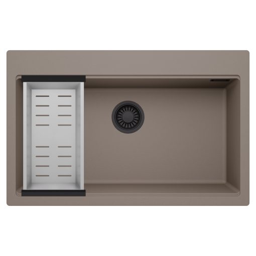 HD Infinity Tortora 78 egymedencés gránit mosogatótálca szett, acél csepegtetőkosárral, tortora színben, matt fekete leeresztő szifonnal