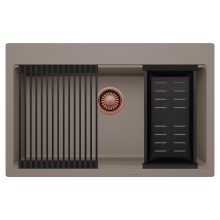 HD Infinity Tortora 78 egymedencés gránit mosogatótálca szett, matt fekete csepegtetőráccsal és kosárral, tortora színben, szálcsiszolt réz leeresztő szifonnal