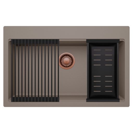 HD Infinity Tortora 78 egymedencés gránit mosogatótálca szett, matt fekete csepegtetőráccsal és kosárral, tortora színben, szálcsiszolt réz leeresztő szifonnal
