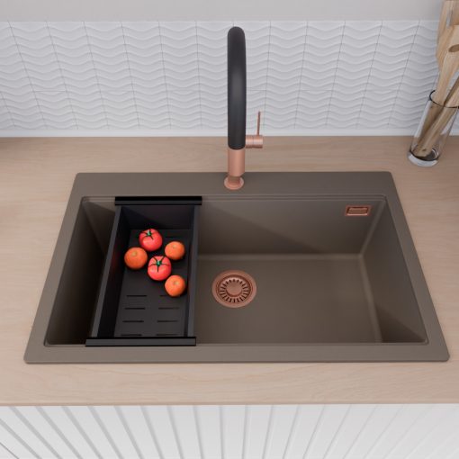 HD Infinity Tortora 78 egymedencés gránit mosogatótálca szett, matt fekete csepegtetőráccsal és kosárral, tortora színben, szálcsiszolt réz leeresztő szifonnal