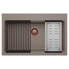 HD Infinity Tortora 78 egymedencés gránit mosogatótálca szett, matt fekete csepegtetőráccsal és krómozott kosárral, tortora színben, szálcsiszolt réz leeresztő szifonnal