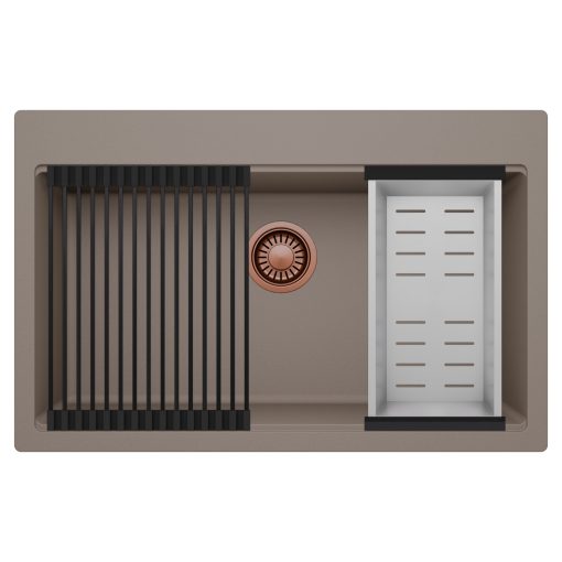 HD Infinity Tortora 78 egymedencés gránit mosogatótálca szett, matt fekete csepegtetőráccsal és krómozott kosárral, tortora színben, szálcsiszolt réz leeresztő szifonnal