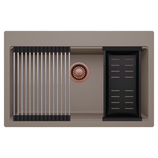 HD Infinity Tortora 78 egymedencés gránit mosogatótálca szett, acél csepegtetőráccsal és matt fekete kosárral, tortora színben, szálcsiszolt réz leeresztő szifonnal