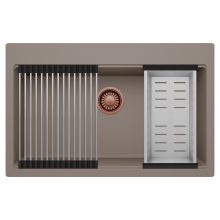 HD Infinity Tortora 78 egymedencés gránit mosogatótálca szett, acél csepegtetőráccsal és kosárral, tortora színben, szálcsiszolt réz leeresztő szifonnal