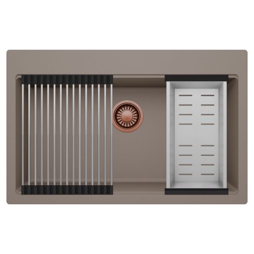 HD Infinity Tortora 78 egymedencés gránit mosogatótálca szett, acél csepegtetőráccsal és kosárral, tortora színben, szálcsiszolt réz leeresztő szifonnal