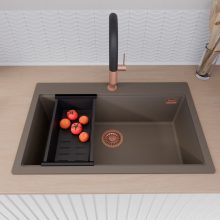 HD Infinity Tortora 78 egymedencés gránit mosogatótálca szett, vágódeszkával, matt fekete csepegtetőráccsal és kosárral, tortora színben, szálcsiszolt réz leeresztő szifonnal