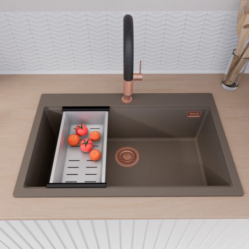 HD Infinity Tortora 78 egymedencés gránit mosogatótálca szett, vágódeszkával, matt fekete csepegtetőráccsal és krómozott kosárral, tortora színben, szálcsiszolt réz leeresztő szifonnal