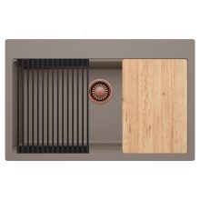 HD Infinity Tortora 78 egymedencés gránit mosogatótálca szett, vágódeszkával, matt fekete csepegtetőráccsal, tortora színben, szálcsiszolt réz leeresztő szifonnal