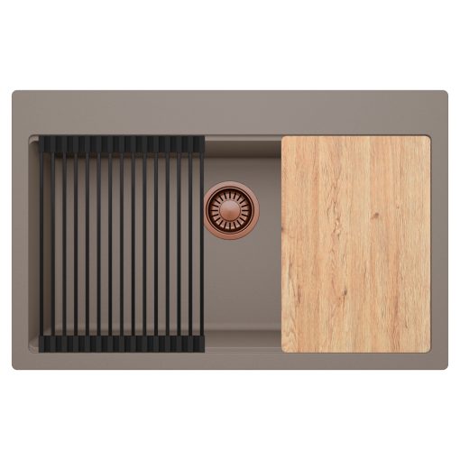 HD Infinity Tortora 78 egymedencés gránit mosogatótálca szett, vágódeszkával, matt fekete csepegtetőráccsal, tortora színben, szálcsiszolt réz leeresztő szifonnal