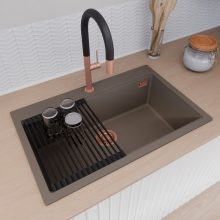 HD Infinity Tortora 78 egymedencés gránit mosogatótálca szett, vágódeszkával, matt fekete csepegtetőráccsal, tortora színben, szálcsiszolt réz leeresztő szifonnal