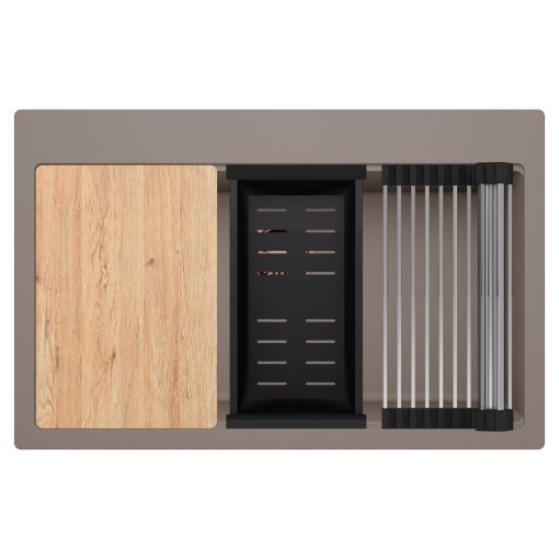 HD Infinity Tortora 78 egymedencés gránit mosogatótálca szett, vágódeszkával, acél csepegtetőráccsal és matt fekete kosárral, tortora színben, szálcsiszolt réz leeresztő szifonnal