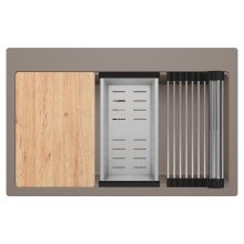 HD Infinity Tortora 78 egymedencés gránit mosogatótálca szett, vágódeszkával, acél csepegtetőráccsal és kosárral, tortora színben, szálcsiszolt réz leeresztő szifonnal
