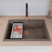 HD Infinity Tortora 78 egymedencés gránit mosogatótálca szett, vágódeszkával, acél csepegtetőráccsal és kosárral, tortora színben, szálcsiszolt réz leeresztő szifonnal