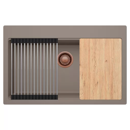 HD Infinity Tortora 78 egymedencés gránit mosogatótálca szett, vágódeszkával, acél csepegtetőráccsal, tortora színben, szálcsiszolt réz leeresztő szifonnal