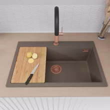 HD Infinity Tortora 78 egymedencés gránit mosogatótálca szett, vágódeszkával, acél csepegtetőráccsal, tortora színben, szálcsiszolt réz leeresztő szifonnal