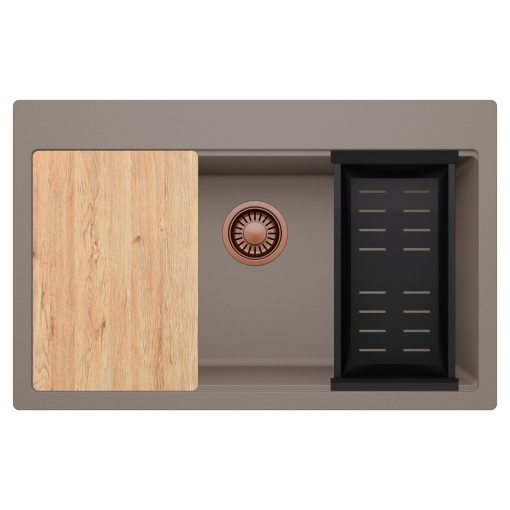 HD Infinity Tortora 78 egymedencés gránit mosogatótálca szett, vágódeszkával, matt fekete csepegtetőkosárral, tortora színben, szálcsiszolt réz leeresztő szifonnal