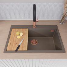 HD Infinity Tortora 78 egymedencés gránit mosogatótálca szett, vágódeszkával, matt fekete csepegtetőkosárral, tortora színben, szálcsiszolt réz leeresztő szifonnal