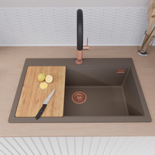 HD Infinity Tortora 78 egymedencés gránit mosogatótálca szett, vágódeszkával, matt fekete csepegtetőkosárral, tortora színben, szálcsiszolt réz leeresztő szifonnal