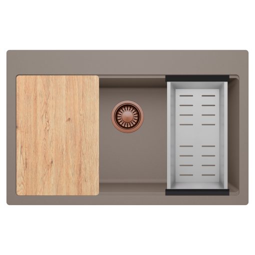 HD Infinity Tortora 78 egymedencés gránit mosogatótálca szett, vágódeszkával, acél csepegtetőkosárral, tortora színben, szálcsiszolt réz leeresztő szifonnal