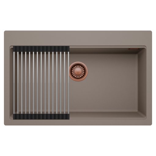 HD Infinity Tortora 78 egymedencés gránit mosogatótálca szett, acél csepegtetőráccsal, tortora színben, szálcsiszolt réz leeresztő szifonnal
