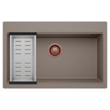 HD Infinity Tortora 78 egymedencés gránit mosogatótálca szett, acél csepegtetőkosárral, tortora színben, szálcsiszolt réz leeresztő szifonnal