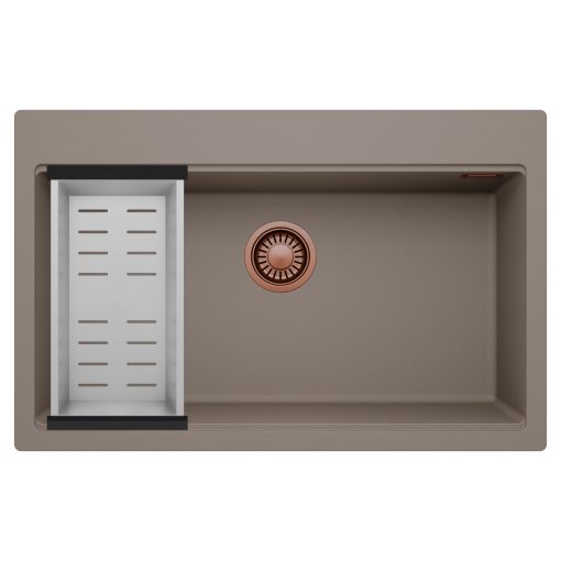 HD Infinity Tortora 78 egymedencés gránit mosogatótálca szett, acél csepegtetőkosárral, tortora színben, szálcsiszolt réz leeresztő szifonnal