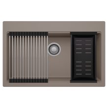 HD Infinity Tortora 78 egymedencés gránit mosogatótálca szett, acél csepegtetőráccsal és matt fekete kosárral, tortora színben