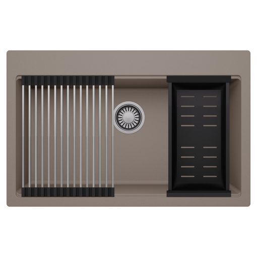 HD Infinity Tortora 78 egymedencés gránit mosogatótálca szett, acél csepegtetőráccsal és matt fekete kosárral, tortora színben