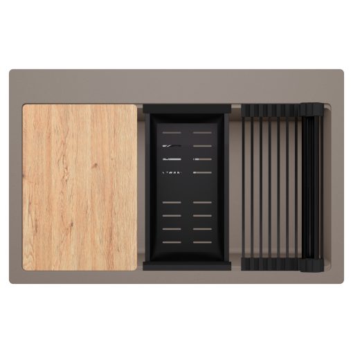 HD Infinity Tortora 78 egymedencés gránit mosogatótálca szett, vágódeszkával, matt fekete csepegtetőráccsal és kosárral, tortora színben