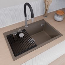 HD Infinity Tortora 78 egymedencés gránit mosogatótálca szett, vágódeszkával, matt fekete csepegtetőráccsal és kosárral, tortora színben