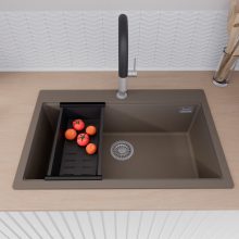 HD Infinity Tortora 78 egymedencés gránit mosogatótálca szett, vágódeszkával, matt fekete csepegtetőráccsal és kosárral, tortora színben