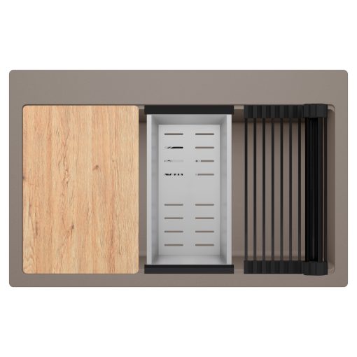 HD Infinity Tortora 78 egymedencés gránit mosogatótálca szett, vágódeszkával, matt fekete csepegtetőráccsal és krómozott kosárral, tortora színben