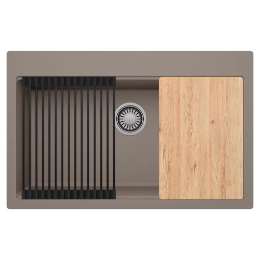 HD Infinity Tortora 78 egymedencés gránit mosogatótálca szett, vágódeszkával, matt fekete csepegtetőráccsal, tortora színben