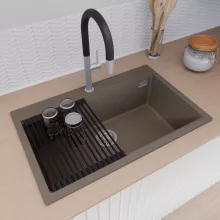 HD Infinity Tortora 78 egymedencés gránit mosogatótálca szett, vágódeszkával, matt fekete csepegtetőráccsal, tortora színben