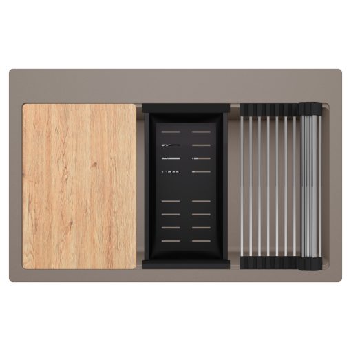 HD Infinity Tortora 78 egymedencés gránit mosogatótálca szett, vágódeszkával, acél csepegtetőráccsal és matt fekete kosárral, tortora színben