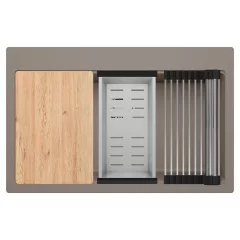   HD Infinity Tortora 78 egymedencés gránit mosogatótálca szett, vágódeszkával, acél csepegtetőráccsal és kosárral, tortora színben