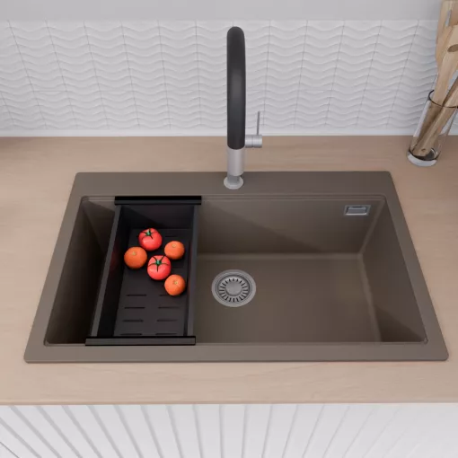 HD Infinity Tortora 78 egymedencés gránit mosogatótálca szett, vágódeszkával, matt fekete csepegtetőkosárral, tortora színben