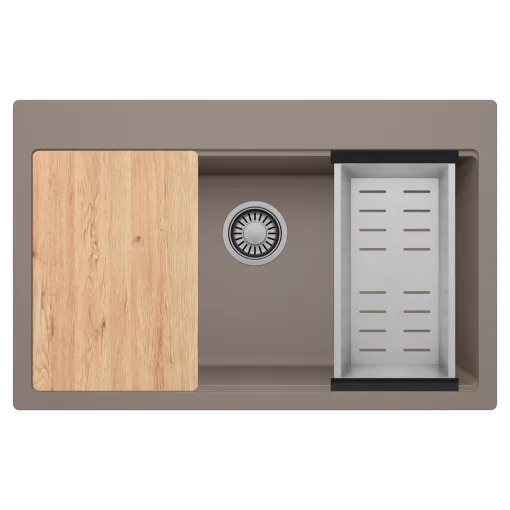 HD Infinity Tortora 78 egymedencés gránit mosogatótálca szett, vágódeszkával, acél csepegtetőkosárral, tortora színben