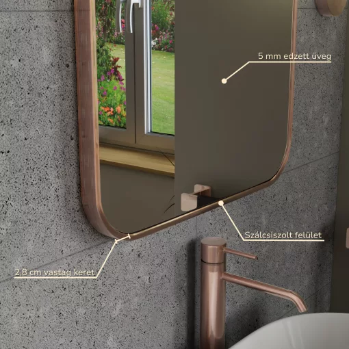 HD Kim Brushed Copper 50x70 cm széles fürdőszobai szögletes fali tükör, szálcsiszolt réz színű alumínium kerettel