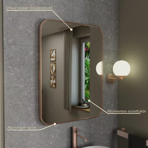 HD Kim Brushed Copper 60x80 cm széles fürdőszobai fali szögletes tükör, szálcsiszolt réz színű alumínium kerettel
