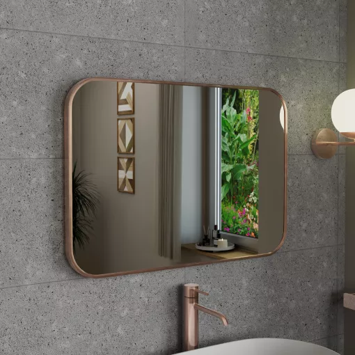 HD Kim Brushed Copper 70x50 cm széles fürdőszobai szögletes fali tükör, szálcsiszolt réz színű alumínium kerettel